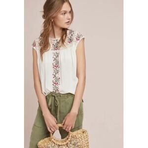 Anthropologie Ranna Gill Embroidered Top Sz S Feminine Floral Cottagecore Floral